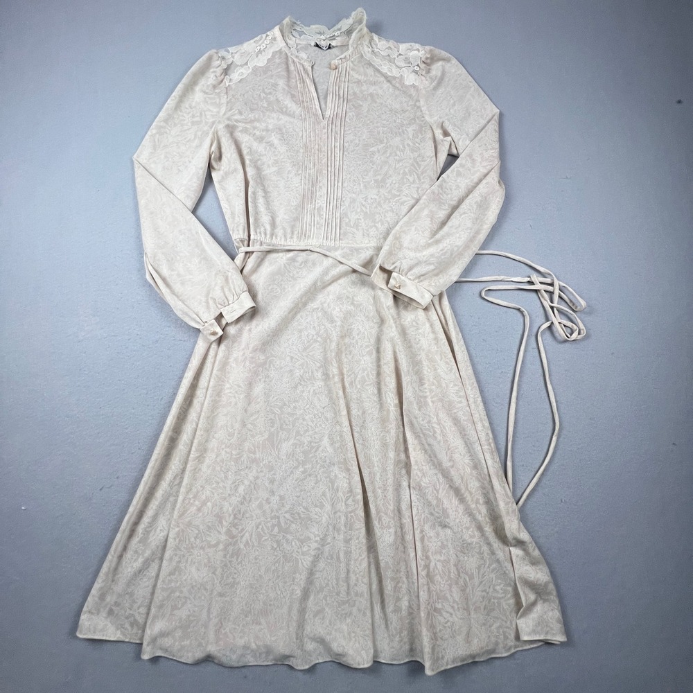 Paul of California Dress Women M Cream Lace Pintuck Floral Vintage Cottagecore